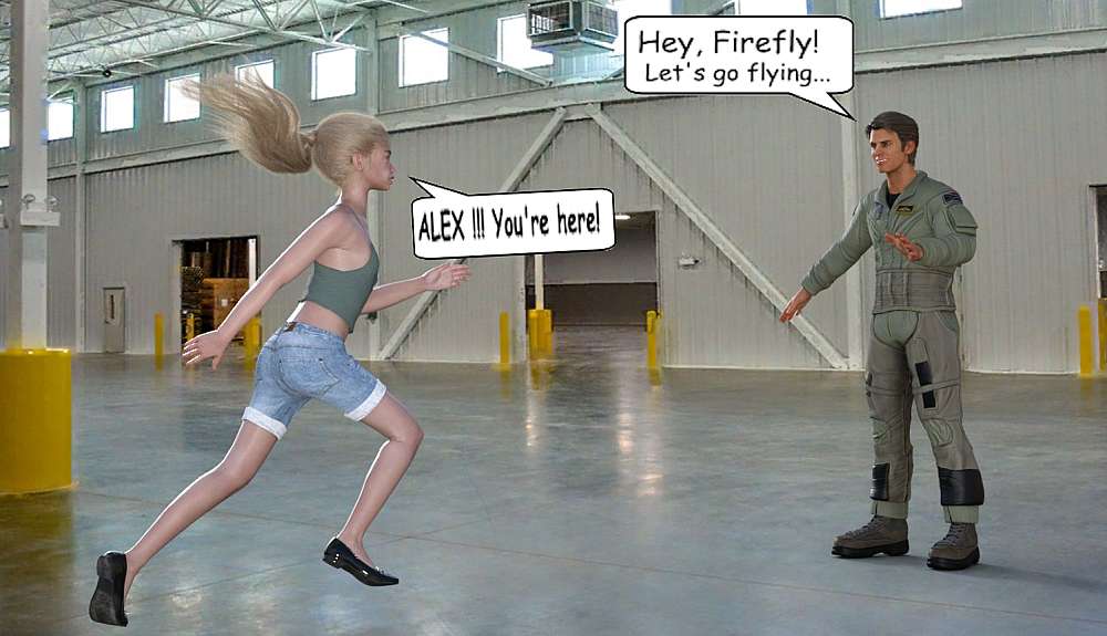 Inside a hangar. The polished floor reflecting the overhead lighting. Ally is running towards Alex. She shows excitement on her face. She’s glad to see her friend.