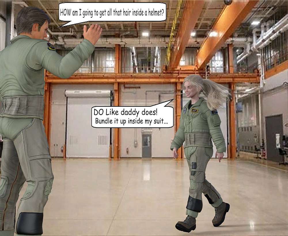 The other side of the hangar is seen in the background while Ally, dressed in a G-suit, is skipping towards Alex. Her blond ponytail swings about and Alex is worried how he’s going to get all Ally’s hair inside her flight suit.