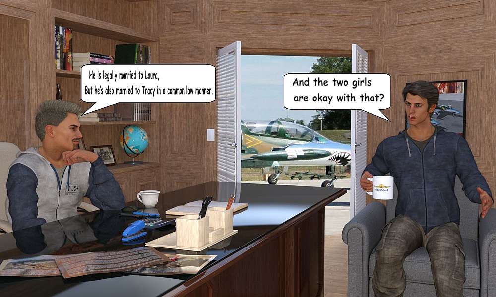 Leon is seen behind his desk, talking to Alex that sits in a chair to Leon’s right. On Leon’s desk the preliminary report of the crash is seen with pictures of the crash site and the engine. In the background, through Leon’s open office door, ZU-MIG sits out on the apron in front of the hangar.