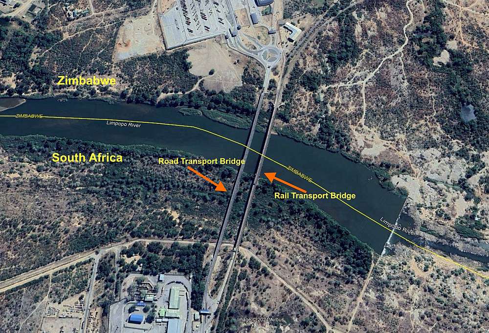 A high altitude satellite photo showing the two bridges across the Limpopo River from South Africa to Zimbabwe. The bridge on the left is the road transport bridge, and the one on the right is the railway bridge.