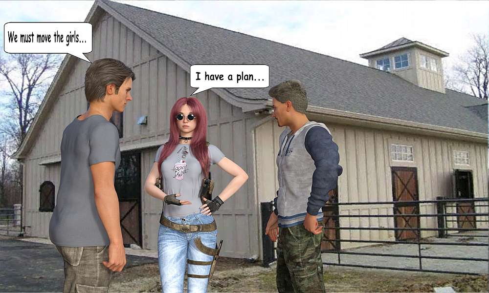 A scene on the Pilgrim’s Nest farmyard at the stables. Alex, Nadia, and Leon is in the centre while Nadia tells Alex and Leon about the spotter on the hill.