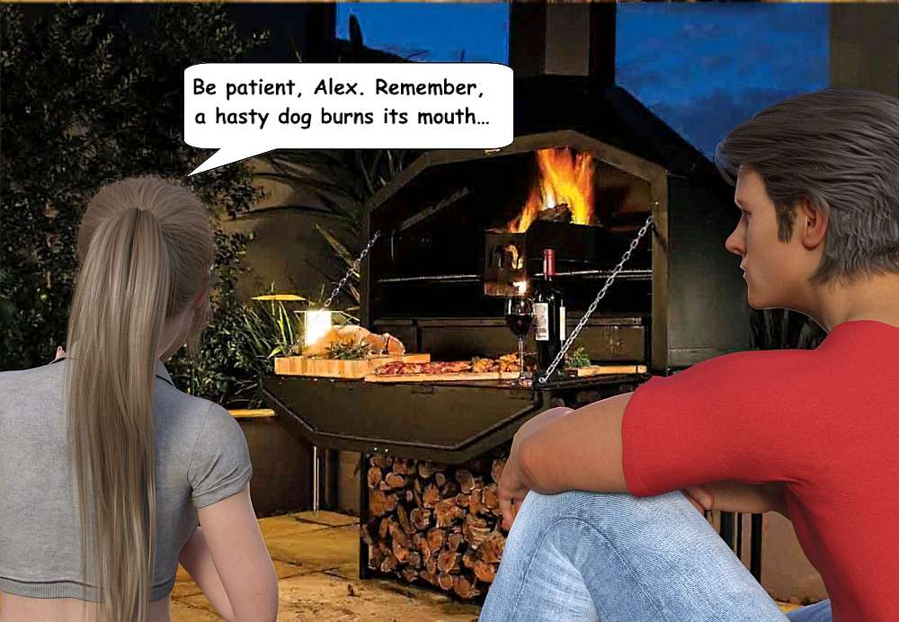 Alex and Laura sits side by side, looking into the braai fire. Alex are getting impatient waiting on the Angels to return. The Night is quiet, with only the bushveld night creatures sounds and the sounds of the fire in the outdoor fire cooker surrounding them. Laura tries to explain to Alex why the Angels takes their time.