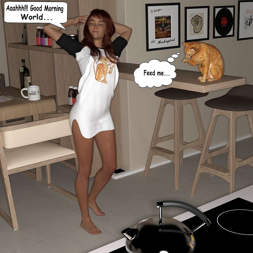 Georgie, still dressed in her nightshirt, stretches her body out as she wakes up. She is barefoot and show off her slender legs. On the breakfast nook top, Sir Rusty, her cat, patiently awaits his breakfast.