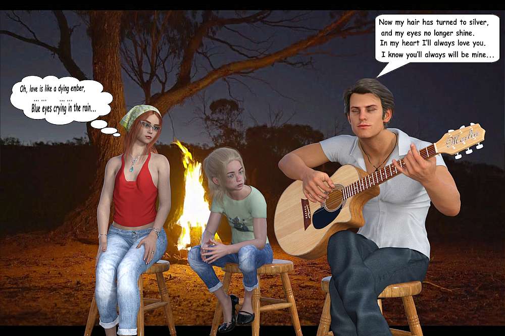 With the backdrop of the fire in the fire pit, Alex sings his song, playing his old acoustic guitar, while Georgie and Ally looks on.