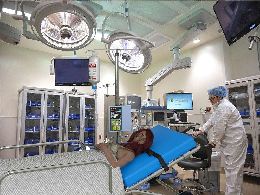 The brightly lit interior of the ER with a nurse attending to monitors attached to Georgie. She is on a ER raised bed covered with a blanket. A drip stand is seen next to her attached to her right arm. Georgie is sedated and sleeping.