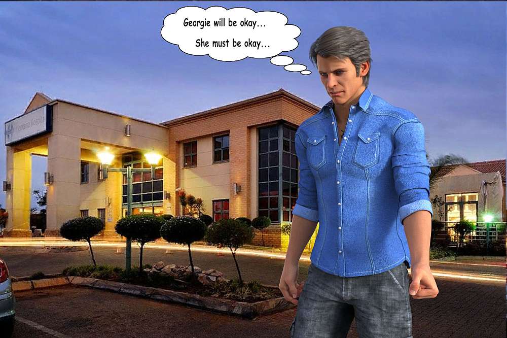 A worried Alex is seeking fresh air outside the hospital. He walks around the parking area while a million thoughts run through his mind. In the background the hospital is lit up in early evening light from lights along the walls.