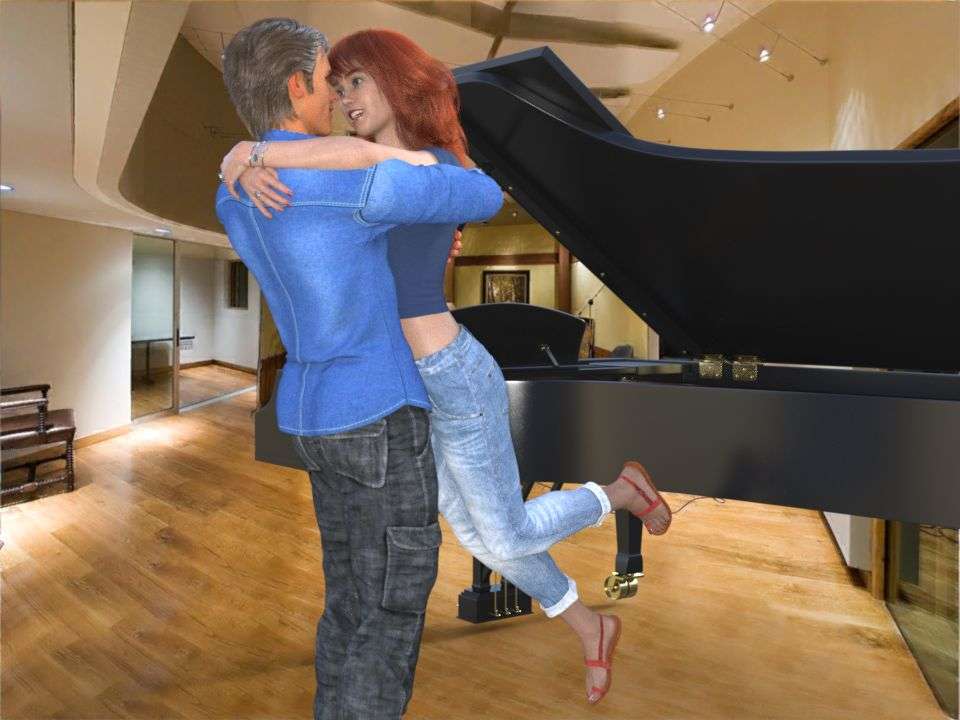 Georgie flies into Alex’s arms when she hears that Alex sort of said that he loves her and want her to enjoy the sound studio. In the background the piano is seen behind Alex and Georgie. Alex lifts Georgie up from the floor and holds her tight.