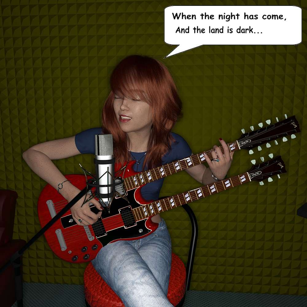 Georgie in the vocal booth playing the Gibson double-necked guitar. She sits on the studio stool playing and singing with her eyes closed, living in the song.