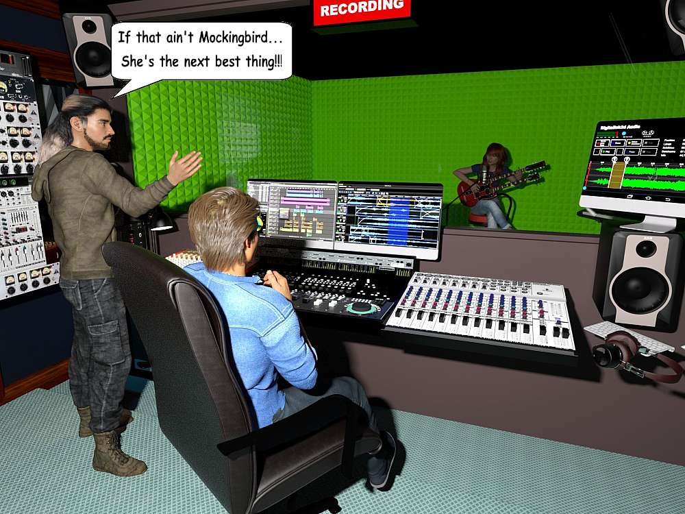 The setting is a Recording studio with Alex sitting at the control console, listening to Georgie singing ‘Hey Mister Blue Bird,’ while Devon Joss walks in not expecting Georgie in the vocal booth. He is flabbergasted as he recognises Mockingbird’s voice.