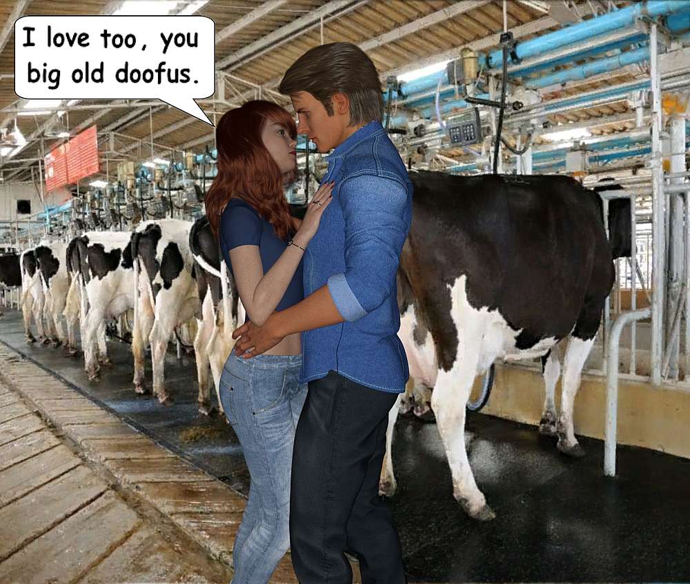 In the milking barn, Georgie and Alex embrace. In the background the milk cows are being tended to by the milking staff.