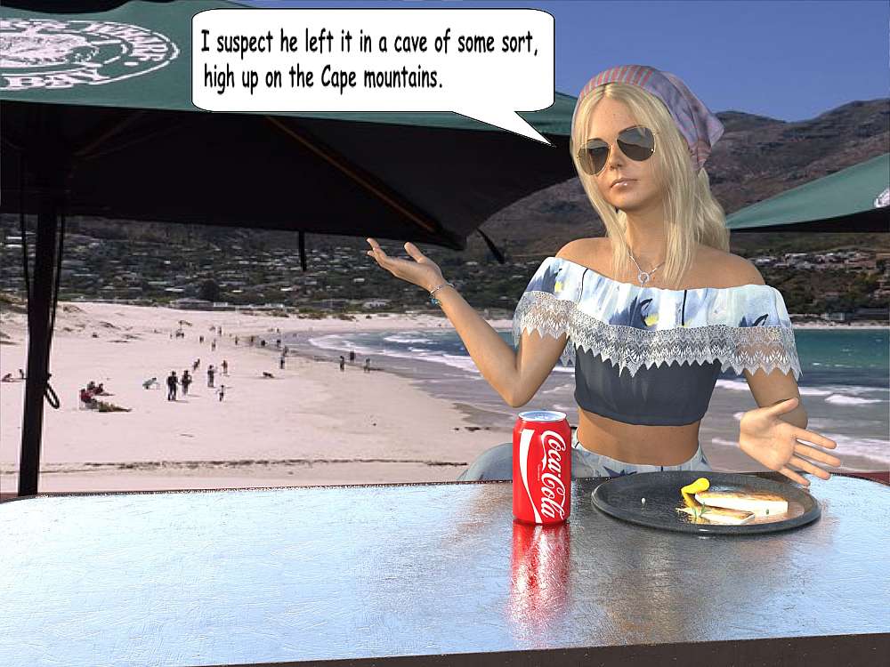 Fiona at the restaurant table, explaining to Roy about the Spanish ship and Drake. On the table in front of her is her half-eaten snoek and chips with a can of Coca-cola next to it. In the background the Hout Bay white sandy beach and blue waters of the Atlantic is visible.