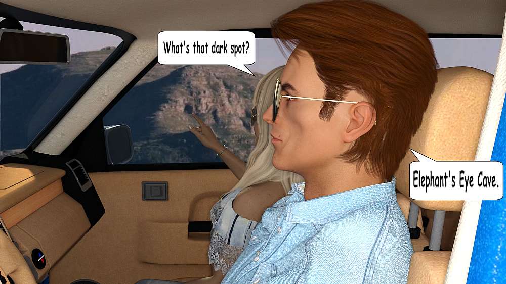 The inside of Roy’s SUV. Fiona sees a spot on the mountain and points at it. Asking Roy what it is.