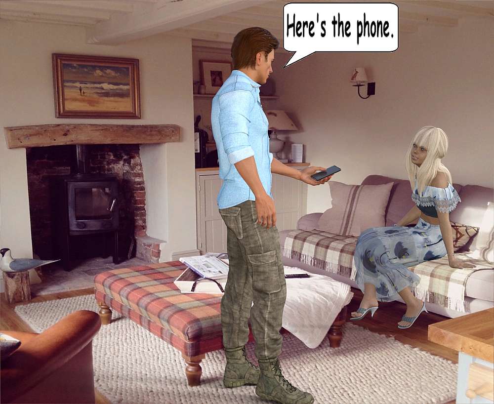 In the lounge of the cottage, Roy, standing near the coffee table shows Fiona the phone he got from the car wreck. Fiona sits on the sofa.