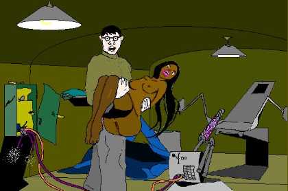 Illustration of a black woman carried by a man towards a torture table