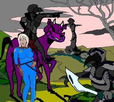 Woman on a weird planet, surrounded by aliens mounting beasts