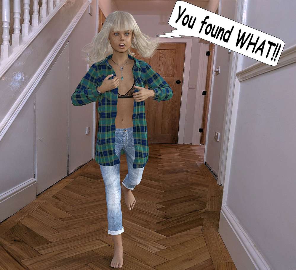 Fiona is seen racing barefoot down the passage from her room to where Roy is in the lounge. She is busy buttoning up her shirt but still in the process. A glimpse of black lace bra shows.