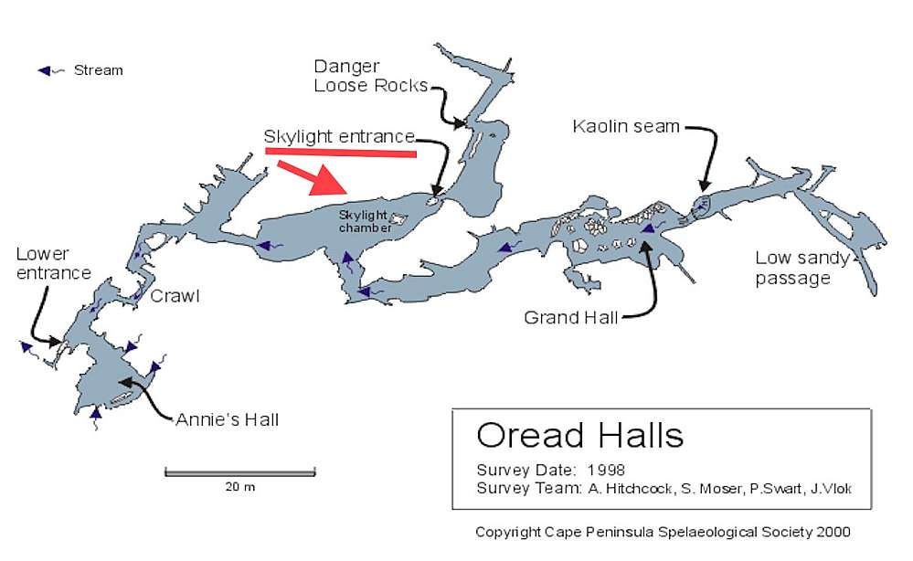 A surveyed map of Oread Halls cave showing the entrance to the cave through a hole in the main cavern roof and the position of the sunlight spot on the cavern floor.