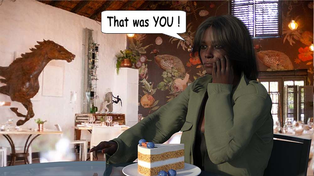 Rosie looks across the restaurant table at Roy. The realization that Roy took out 5 of the Funky Boys Gang earning her respect for Roy.
