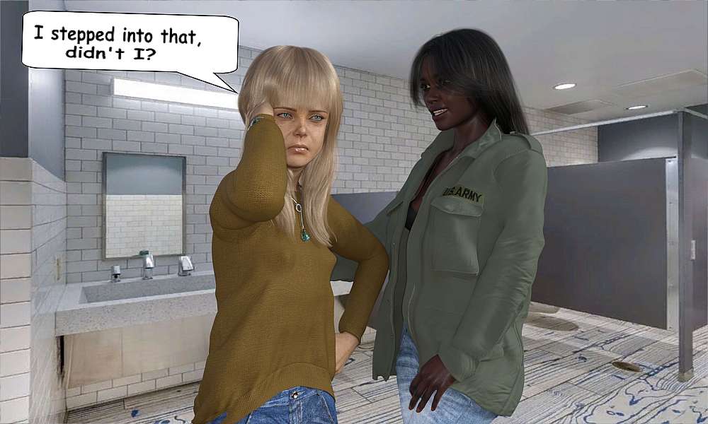 Rosie smiles as she teases Fiona about Roy. Fiona is a little confused about her own feelings towards Roy nad her Expression shows it. In the background the interior of the ladies restroom is seen.