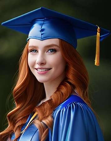 Pretty young woman with long red hair wearing a blue graduation gown and cap.
