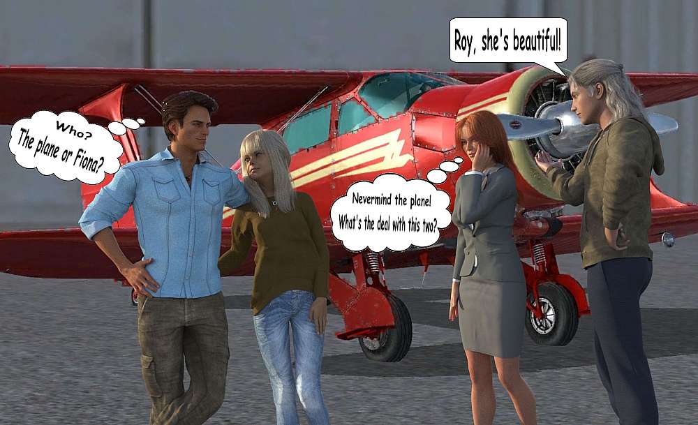 Roy, Fiona, Angie, and Ash talks about the Beech Staggerwing that is seen in the background.