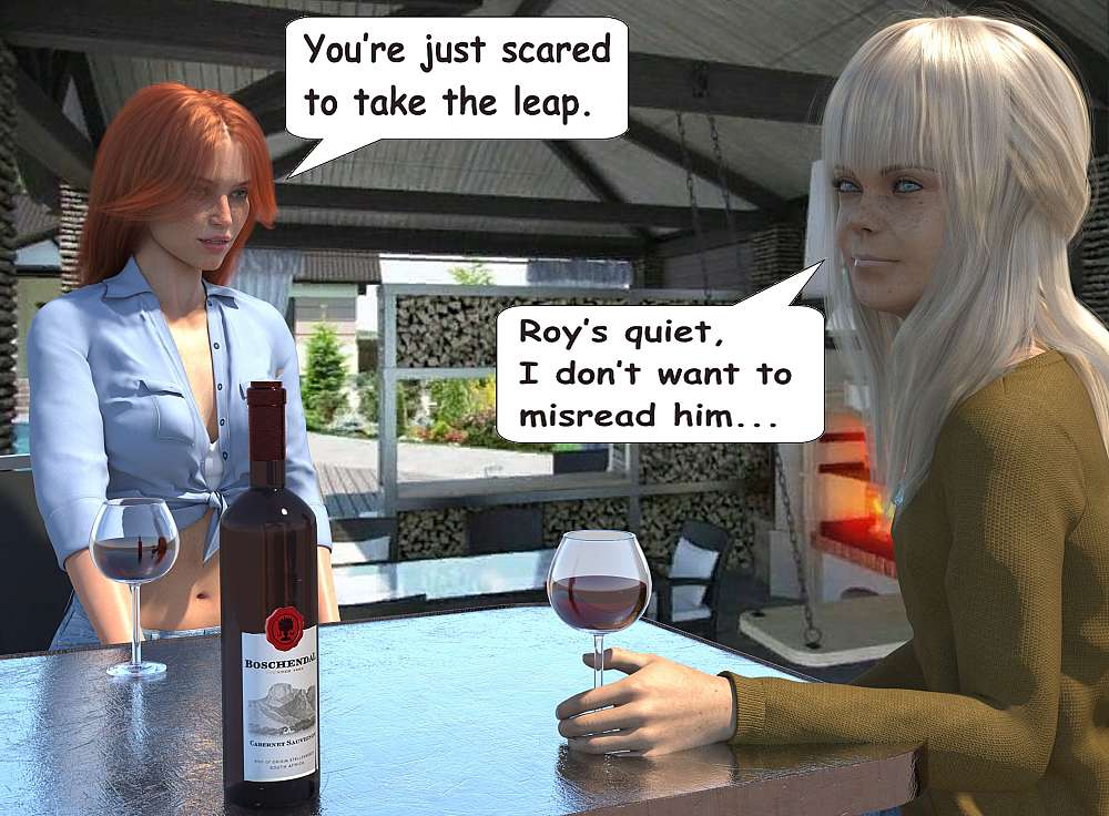 Fiona and Angie is seen sitting at the patio table talking about the Fiona and Roy situation. Angie is encouraging Fiona to let Roy know about her feelings towards Roy. There is a bottle of red wine on the table and each of them has a glass of wine. In the background the fire is still going.