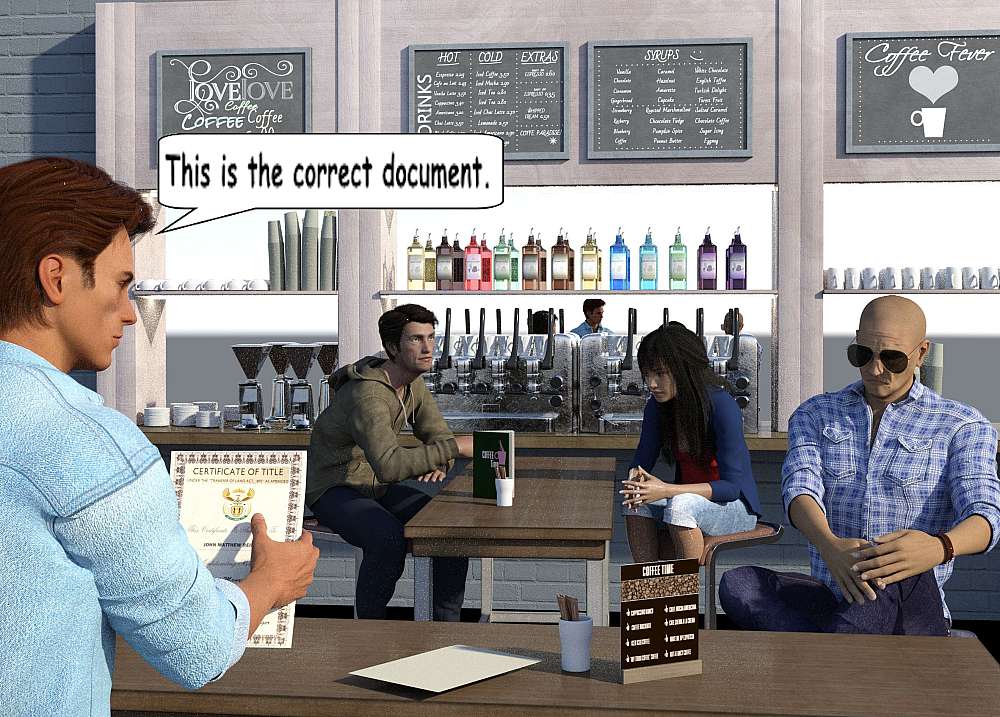 A tense moment in a small, modern coffee shop. At a wooden table in the foreground, a brown-haired man in a light denim shirt, identified as Roy Reasor, holds a certificate of title and faces a bald man wearing sunglasses and a checkered blue shirt—Jimmy. Jimmy sits casually but alert, arms resting on his knees, his expression unreadable. Behind them, two others sit at another table: a scruffy man in a green hoodie, lazily holding a coffee cup—Ashwin Windsor—and a watchful woman with long black hair, a dark blue cardigan, and a red top — Darya. Colorful syrup bottles line the shelf behind the counter. A barista stands at the espresso machines, barely paying attention. Chalkboard menus decorate the wall. The atmosphere is warm but thick with tension, hinting at an undercover meeting or clandestine deal