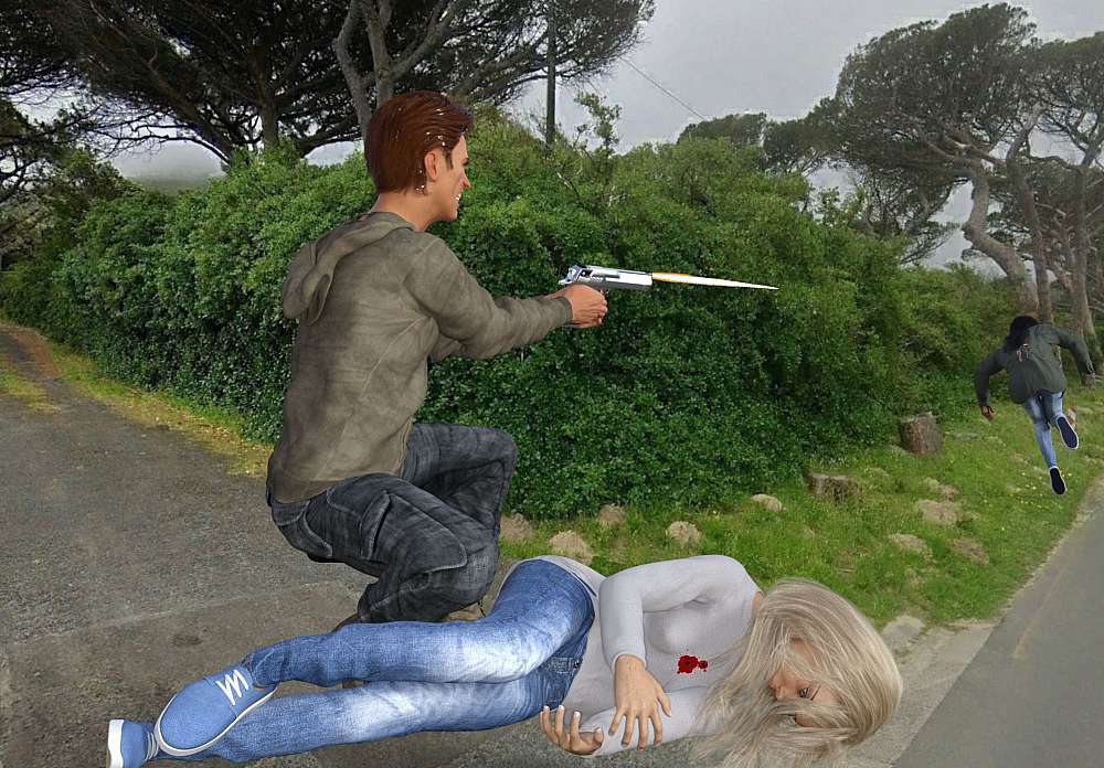 A quiet side street in a rural surroundings with green hedges and trees makes up the setting of a shooting. A wounded Fiona lies on the ground in the foreground. Two bloody bullet wounds are seen on her chest. Next to her Roy is in a crouch, firing on a fleeing shooter in the background. Two hits is seen on the shooters back.