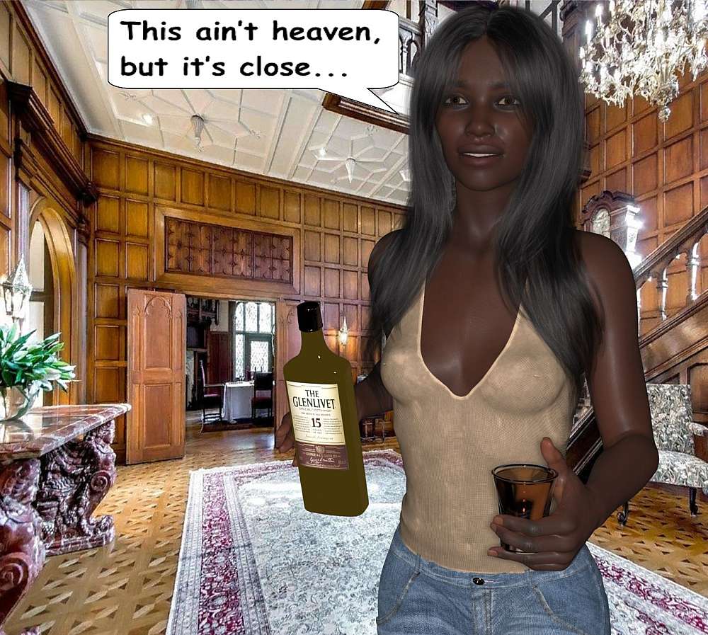 Rosie meeting Roy in the foyer of the Manor house with a bottle of Glenlivet fifteen-year-old whisky in her right hand and a whisky filled tumbler of golden brown single malt whisky in her left hand. She has a smile on her face.