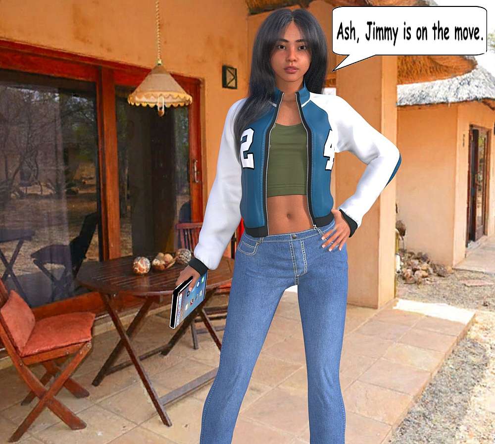 Roxy is seen on the patio giving news to Ash and Roy that Jimmy is on the move. She is dressed in a tank-top, Baseball type jacket, light blue denims and running shoes. The jacket is a Cape Flats blend-in type jacket that is favoured by many teens and young adults and a statement of the USA influence on their way of dress. In her right hand she has her trusted, always with her i-Pad.