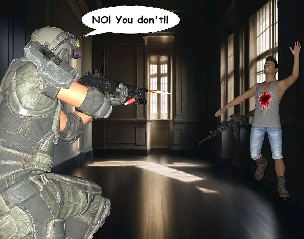In a slightly darken passageway, a guard appears with an AK-47. Bushy fires on him with his combat shotgun. The blast lifts the guard off his feet and throws him back against the wall.