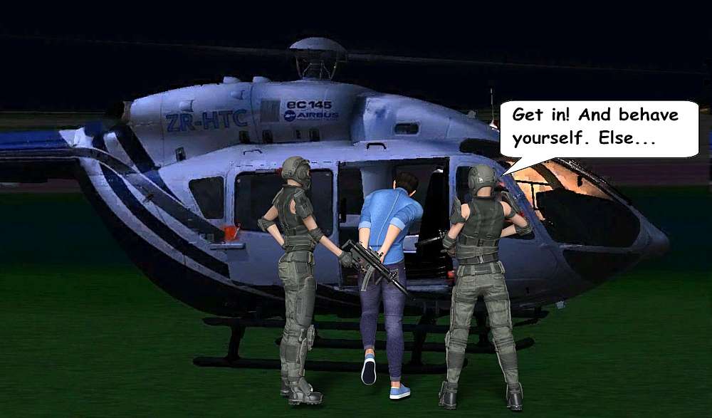 The EC-145 helicopter sits on the ground with the rotors spinning at 100% power. This is a hot pick-up. Mai-Loan and Olivia is seen pushing a confused Nadir Khassoun into the back of the helicopter.