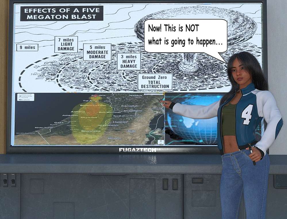 Roxy stands in front of a huge TV Monitor and points at a picture of nuclear fallout spread over the city and continues her lecture.