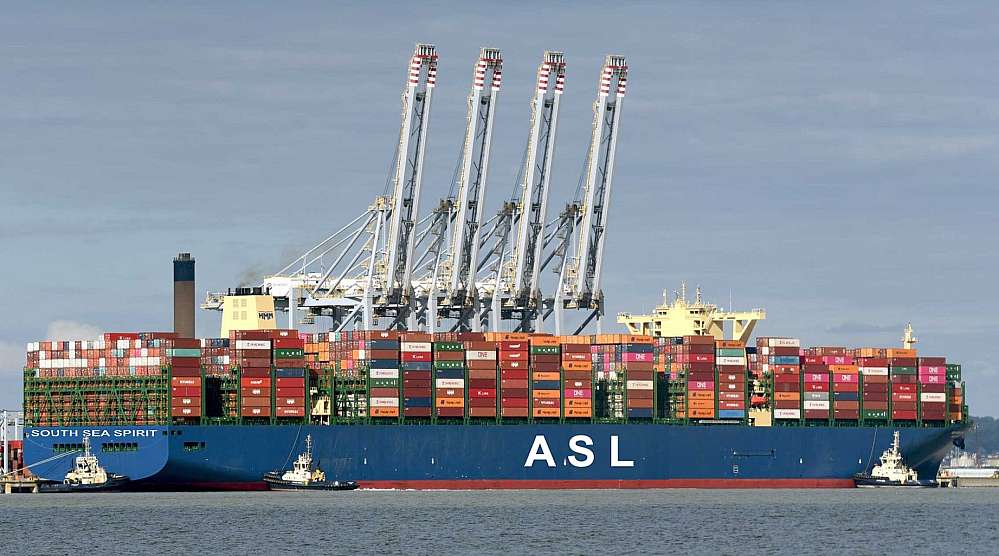 The South Sea Spirit from the Anderson shipping Line is seen anchored in the port of Durban. She is a 14000 TEU container ship with a blue hall.