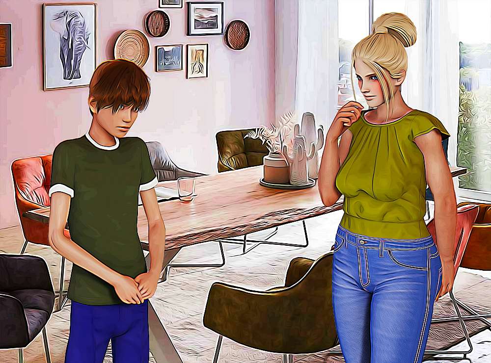 Young man with woman in dining room