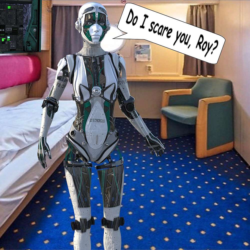 Standing in her cabin on the Ocean Wanderer, STELLA reveals her robotic self to Roy. Manufactured out of carbon fibre, titanium body support structure, and fibre-optic circuitry, STELLA is a marvel of engineering and driven by Artificial Intelligence.