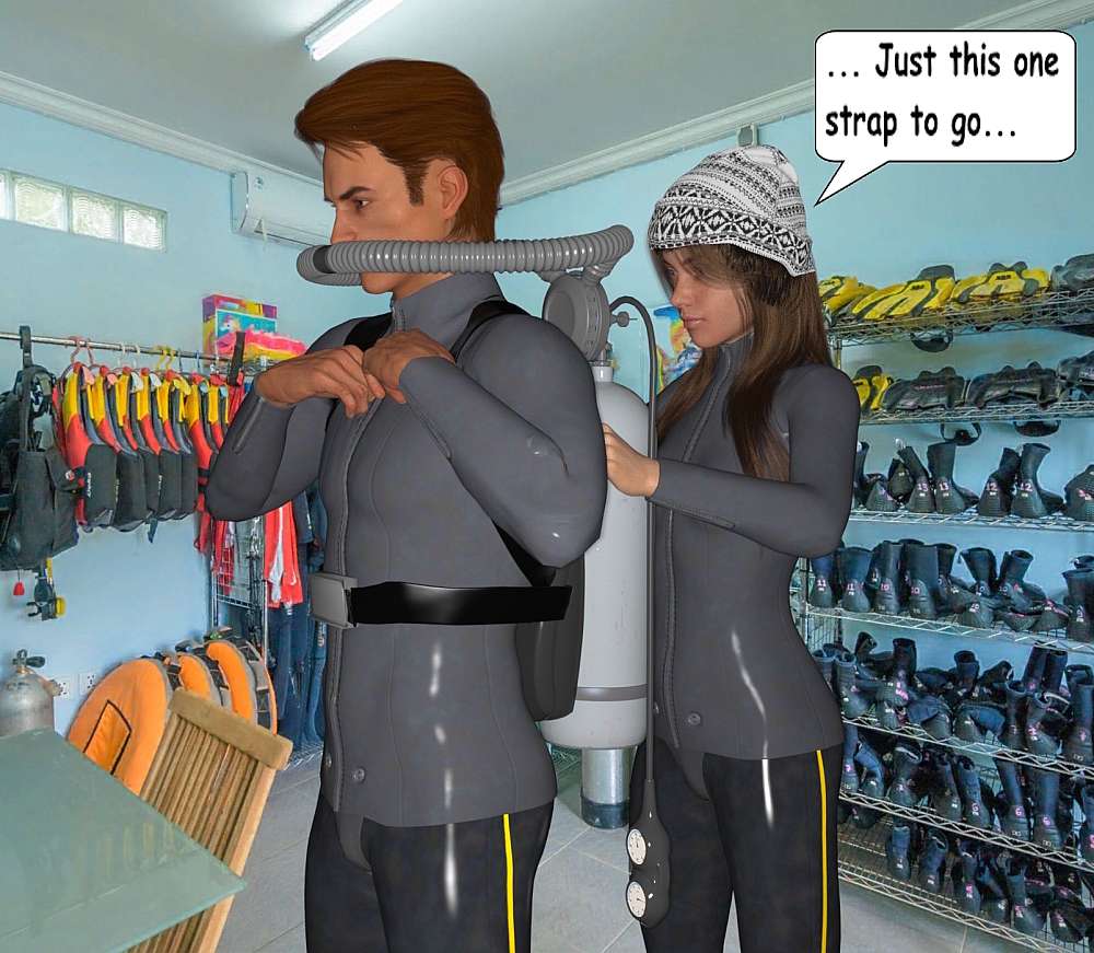 Roy and Stella in the Dive Centre checking the equipment. Stella is seen behind Roy, fiddling with the straps to his oxygen cylinder. Both is dressed in diving suits. Stella sports a beanie on her head.