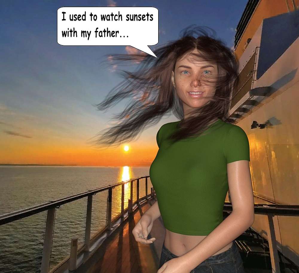 Out near the railing of the afterdeck, or the ‘fantail’ as it is called, Stella turns to Roy and declare that she has watch many sunsets with her father. Roy is taken aback as this was obviously the Elara Ghost speaking. Behind Stella the sun is seen setting over the Atlantic ocean. It paints the sea and sky in a golden glow.