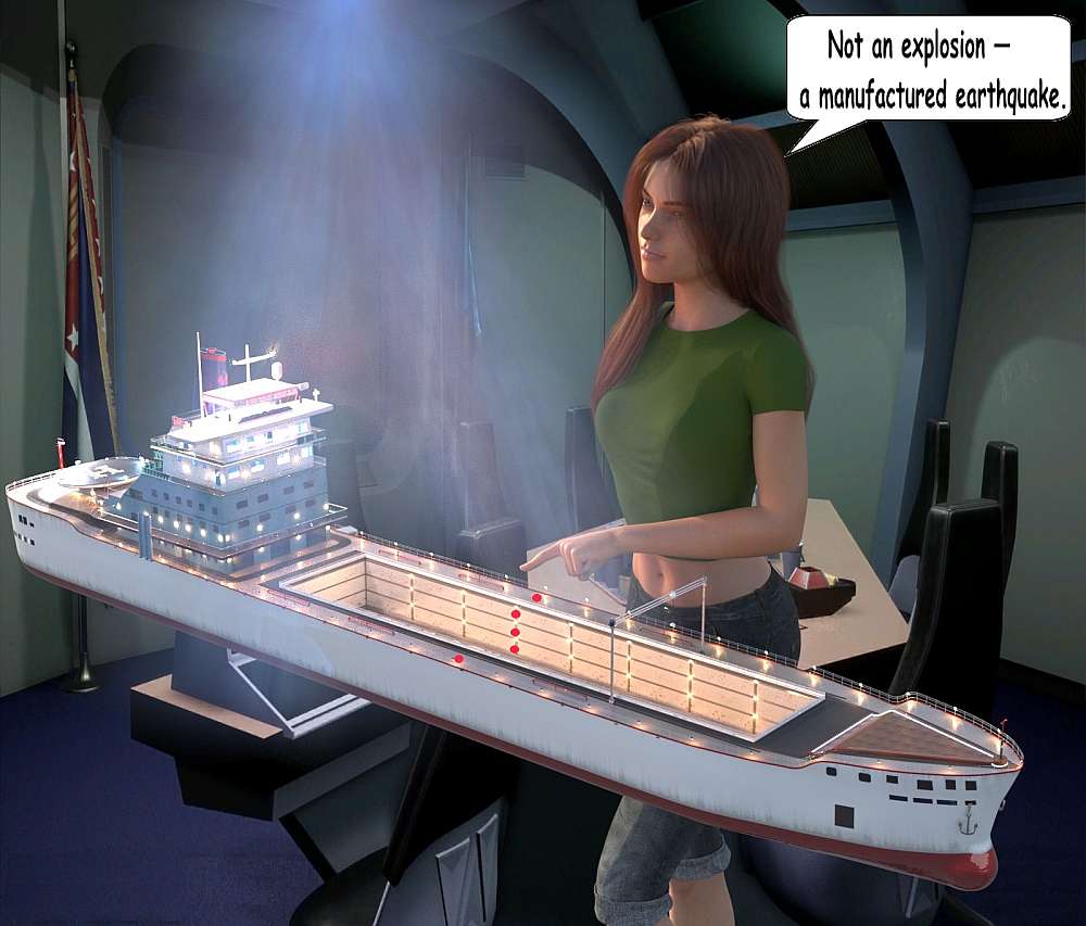In the briefing room aboard the Ocean Wanderer, Stella gives instructions as to how many charges and the placement of the charges on the South Sea Spirit. She stands before a 3D holographic image of the South Sea Spirit that slowly rotates around its lateral axis.