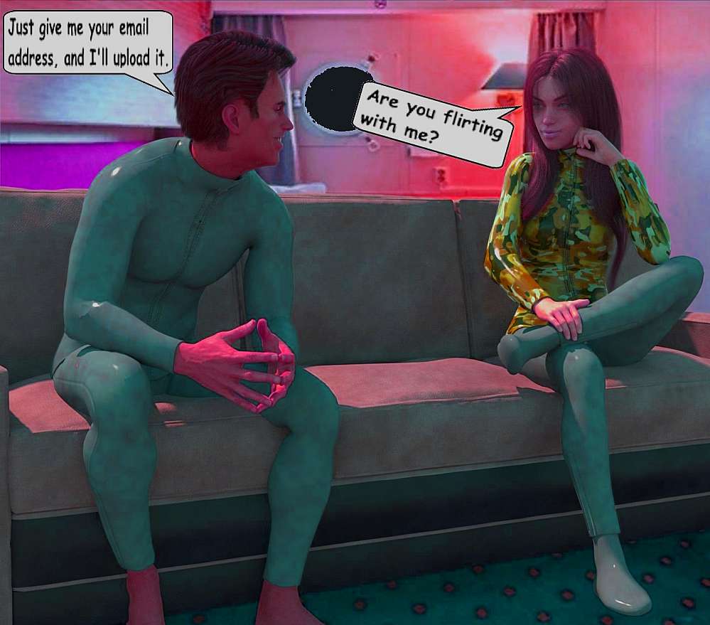 In Roy’s cabin aboard Ocean Wanderer, Stella is seen seated on the sofa with Roy. They are playfully engaged in a word jostle about ‘dating rituals.’ Both is already dressed in their wetsuits for the mission ahead.
