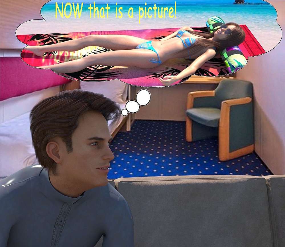 Still in the cabin, Roy visualise what Stella would look like sunbathing in a bikini. A picture inset show Stella reclining on a tropical beach in a blue striped bikini. The sand is dazzling white with a tropical blue ocean in the background.