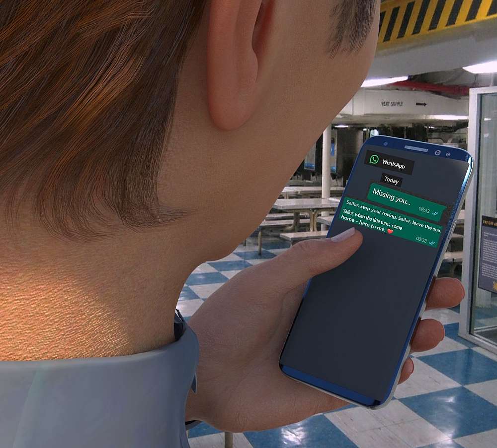 Roy’s cell phone screen is visible in this close up picture. The message displayed on the screen makes him wonder, but he gets to the conclusion that it must have been Stella that sent the message to Fiona.
