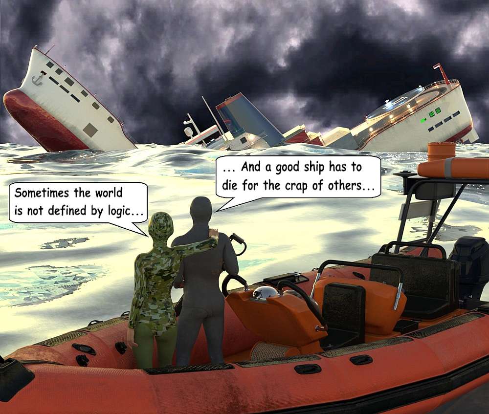 With the dark stormy clouds overhead and a moderate sea, Roy and Stella watch as the South Sea Spirit, now broken in half, slowly sinks beneath the waves.