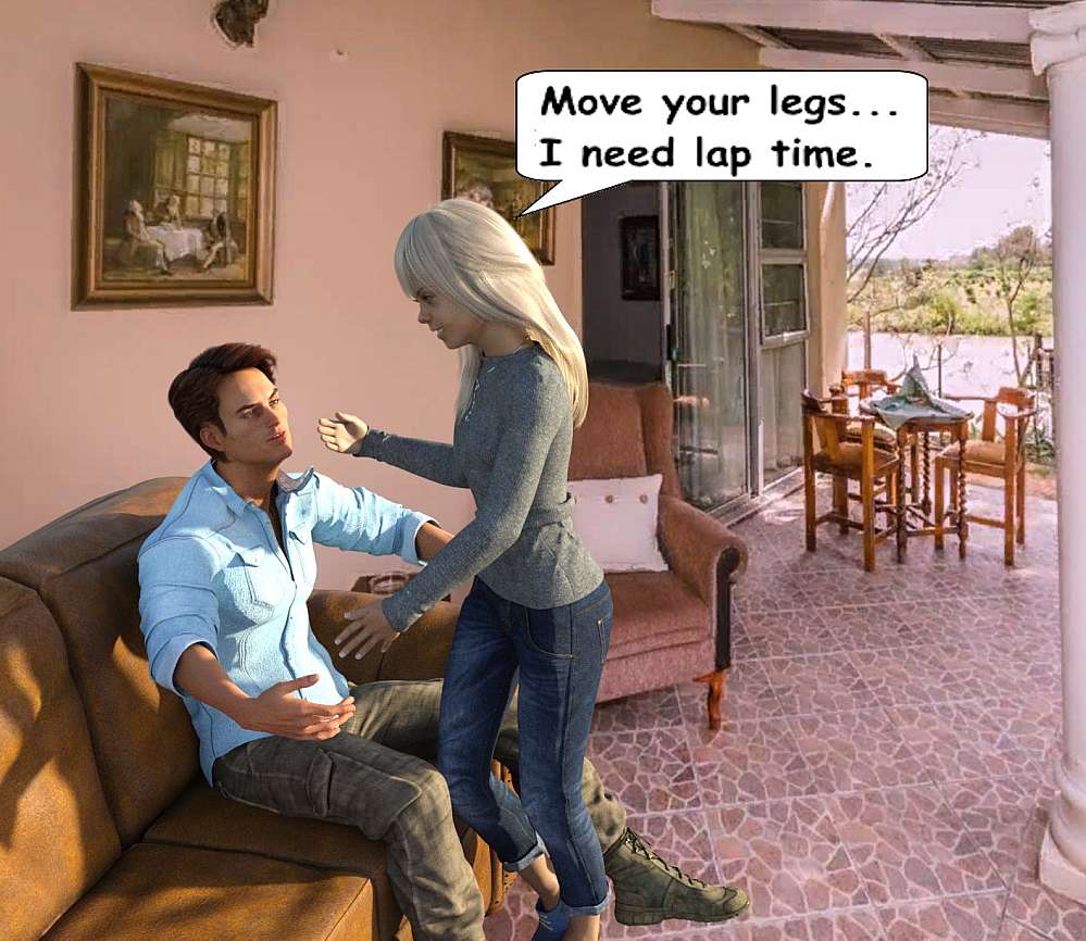 the scene on the patio. Fiona tells Roy to move his legs because she needs lap time. Roy is on the sofa, opening his arms to welcome Fiona as she stands before him, slightly leaning in to him with her hands reaching out to him. In the background the garden and a pond is seen from the patio.