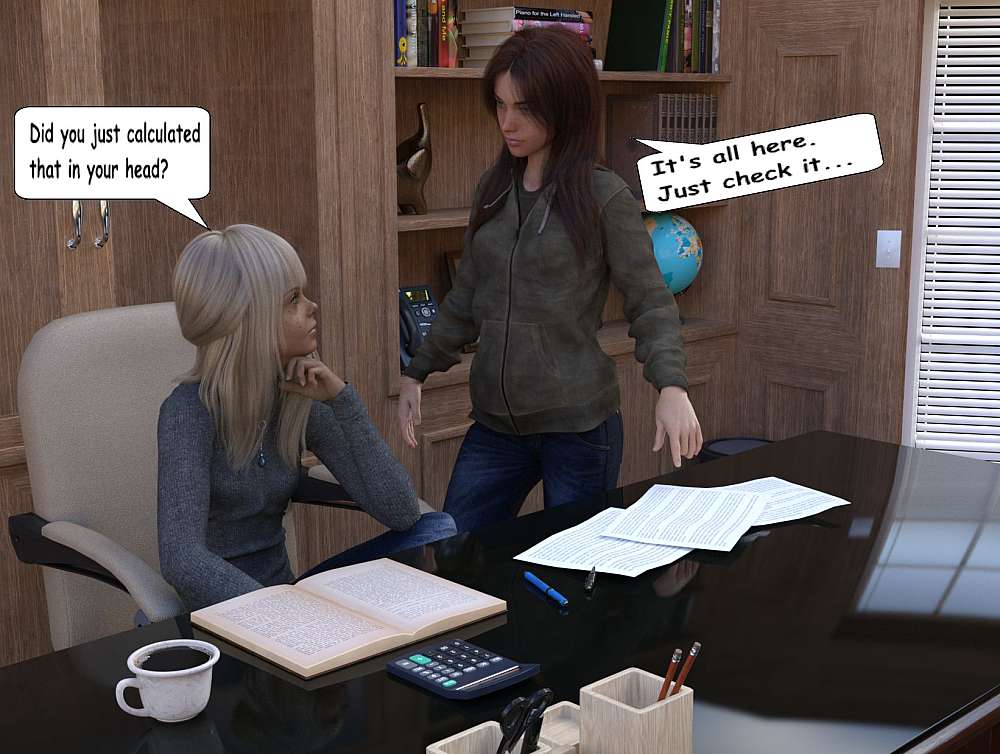 Fiona sat half relaxed, but totally stunned as she looks up at Stella standing next to her at the desk. The two are in alcove designed as a mini office. Fiona’s notes and journal are open on the desk. Pens and a calculator can be seen. It is the moment that Fiona realises that Stella ins not human.