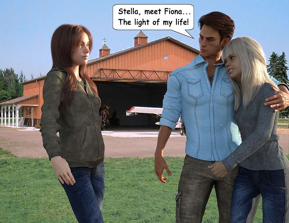 With his left arm over Fiona’s shoulders, Roy keeps her close and introduce her to Stella. In the background a fade brown coloured steel hanger is seen with its doors open and a white high-wing aircraft stood parked inside the hangar.