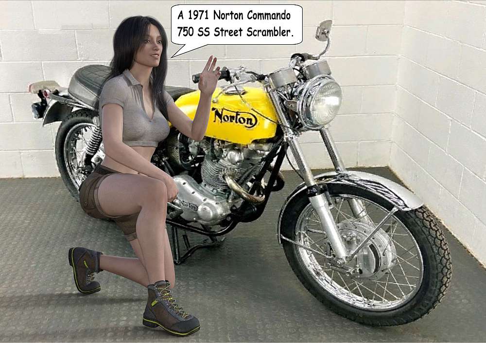 Darya sits next to her Norton Commando 750 SS. Street Scrambler with its distinctive yellow fuel tank and chrome finish. There was pride in her eyes as she shows the rare beauty to Roy.