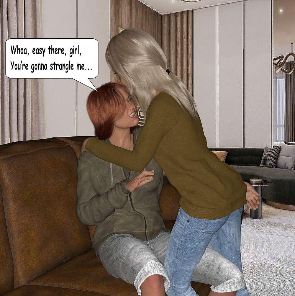 Angie, sitting on the sofa, is smothered by Fiona hugging her.