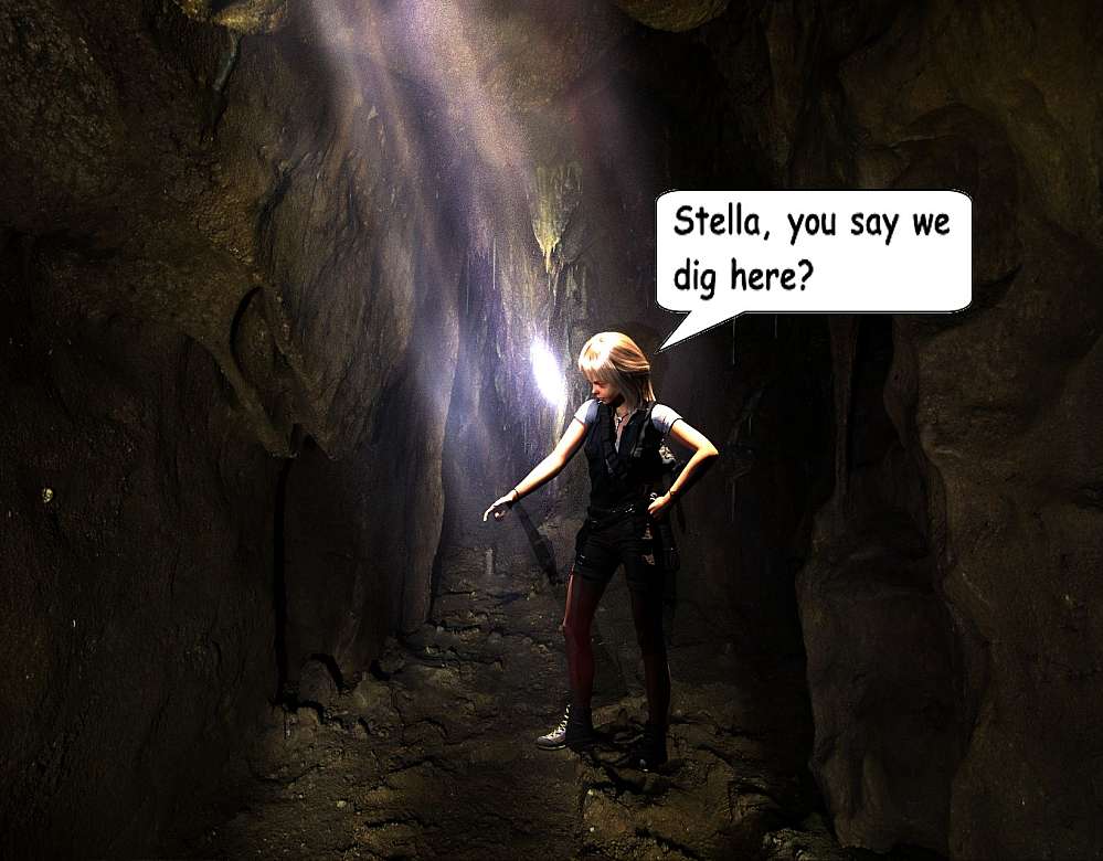 Fiona stands in the darkened cave with the beam of sunlight from the skylight illuminating her. She points to the spot where Stella indicated the possible location of the Star of Assisi and remarks: ‘Stella, you say we dig here...’