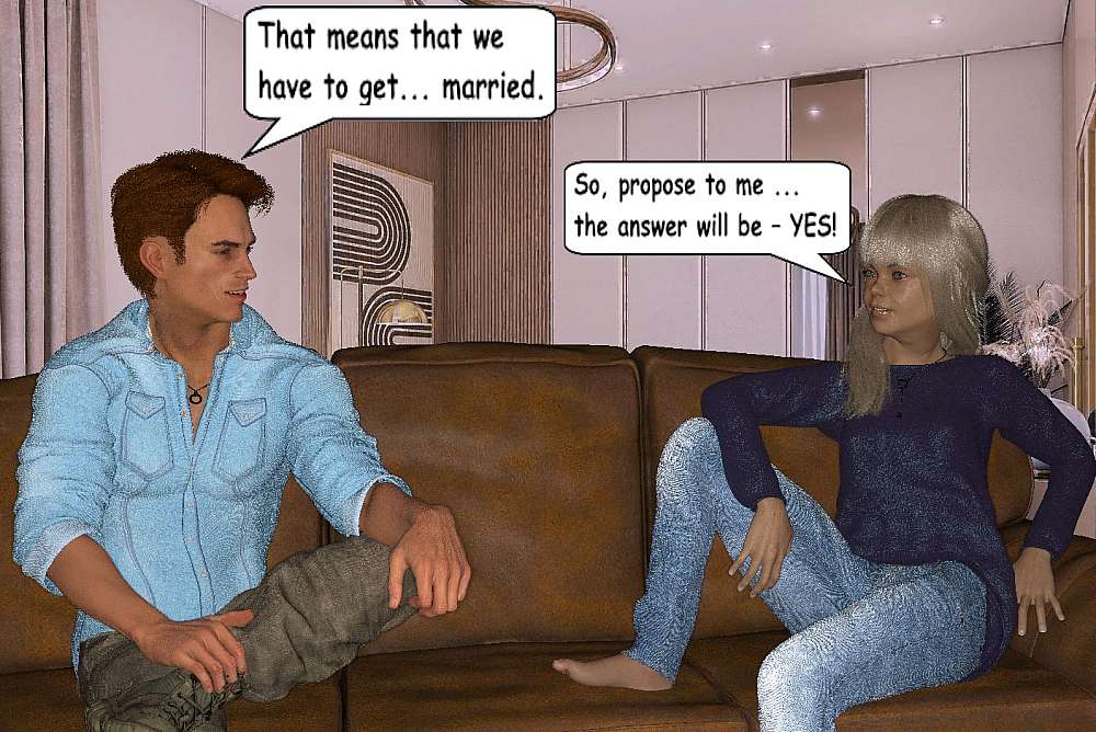 In the lounge of Wolvenkopft Manor Roy and Fiona are alone on the sofa. Fiona has set out the path for their future and is breaking the plan to Roy.